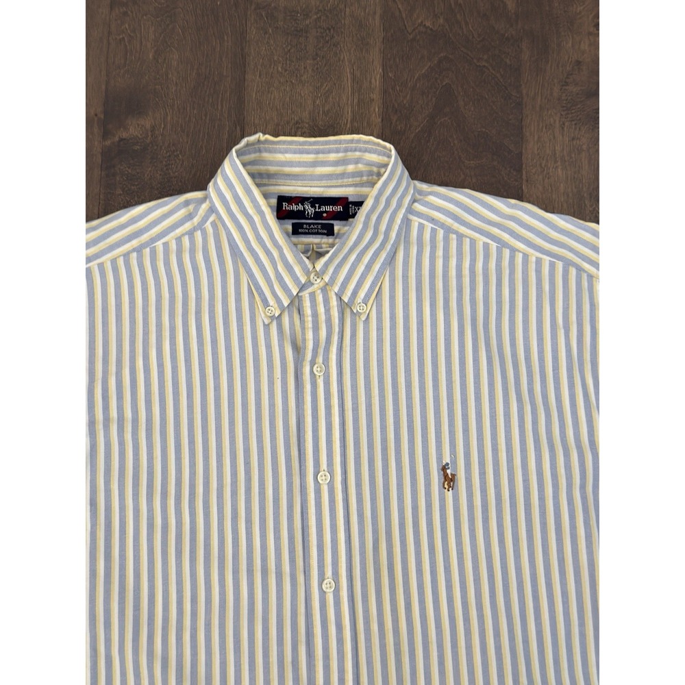 Ralph Lauren Mens Striped Blue Oxford Size XL Blake Shirt Short Sleeve Pony